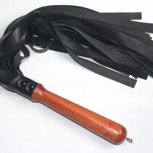 Black latex flogger on natural wood handle